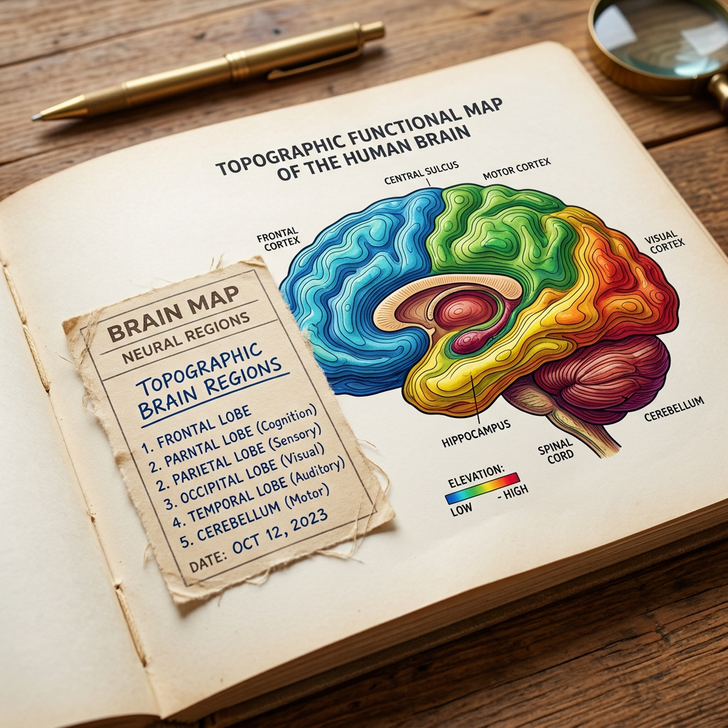 Topographic functional map of the human brain showing frontal cortex, motor cortex, visual cortex, hippocampus, cerebellum, and spinal cord